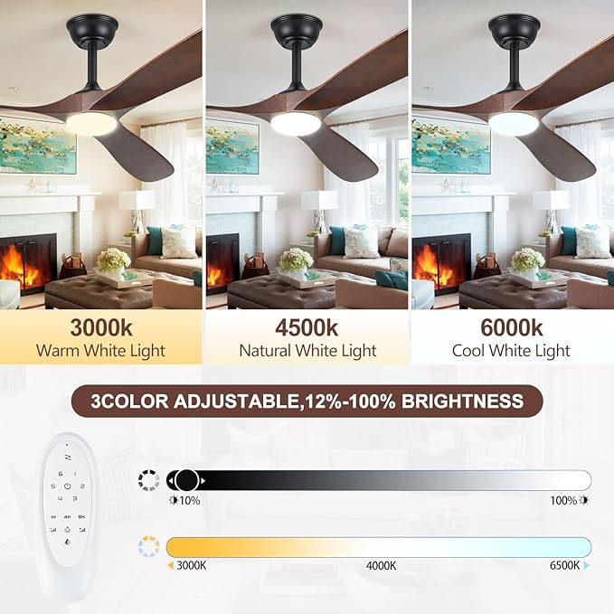 52" Ceiling Fans with Lights, 52 inch Ceiling Fan with Lights, High cfm Quiet 3 Blade Wood Walnut Ceiling Fan, Large Modern Ceiling Fan with Remote, Propeller Fans for Patios,Dark Walnut