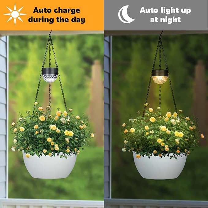 2 Packs Hanging Planters Basket for Outdoor Plants, Solar Powered Self Watering White Round Plastic Flower Pots with Drainer for Balcony Patio Garden Outdoor Decoration