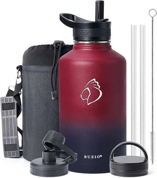 BUZIO Water Bottle with Straw lid, Spout Lid, Hand Lid and Carrying Pouch, 32oz 40oz 64oz Stainless Steel Water Flask Jug, Cold for 48 Hrs Hot for 24 Hrs Double Vacuum Thermo Canteen Mug, BPA-Free