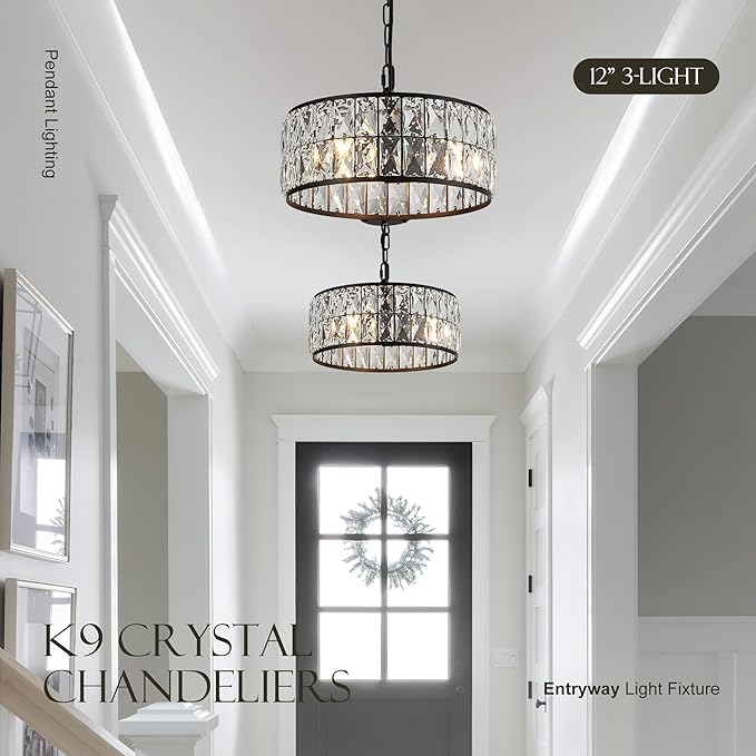 12” 3-Light Modern Crystal Chandeliers Black Dinning Room Light Fixture, Round Pendant Light Kitchen Island Chandelier, Flush Mount Ceiling Light for Living Room Entryway Bedroom Foyer