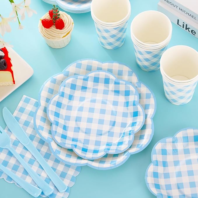 175 Pcs Blue Gingham Plates and Napkins Party Supplies - Blue and White Checkered Plates Sets Serve 25 Guests - Scalloped Gingham Paper Plate for Birthday Dinner Wedding Baby Shower Party Decorations