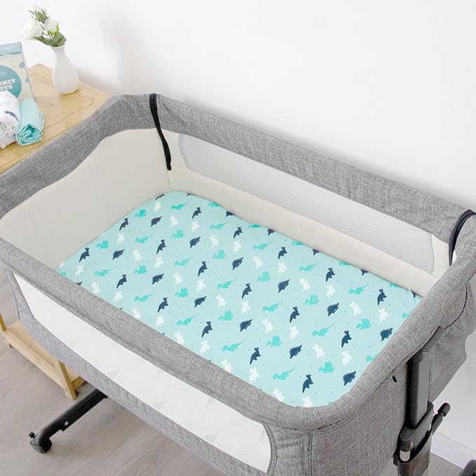 Bassinet Fitted Sheets 4 Pack Compatible with 20" x 33" Baby Delight, Mika Micky and Dream On Me Traveler/Skylar/Seashell/Lotus Bassinet, Ultra Soft and Skin-Friendly, Aqua Dinosaurs & White Ocean
