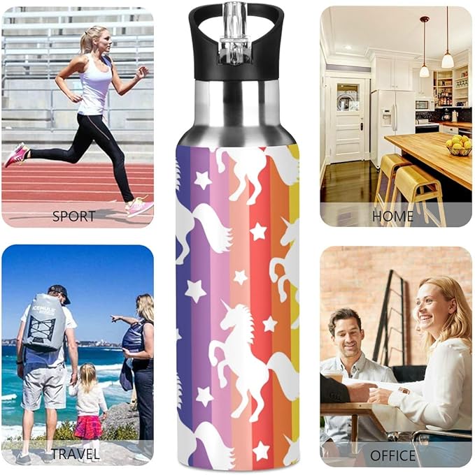 Blueangle Rainbow Stripe Unicorn Star Stainless Steel Water Bottle with Straw, BPA Free Reusable Leakproof Water Jug for Fitness Camping Outdoor Sports