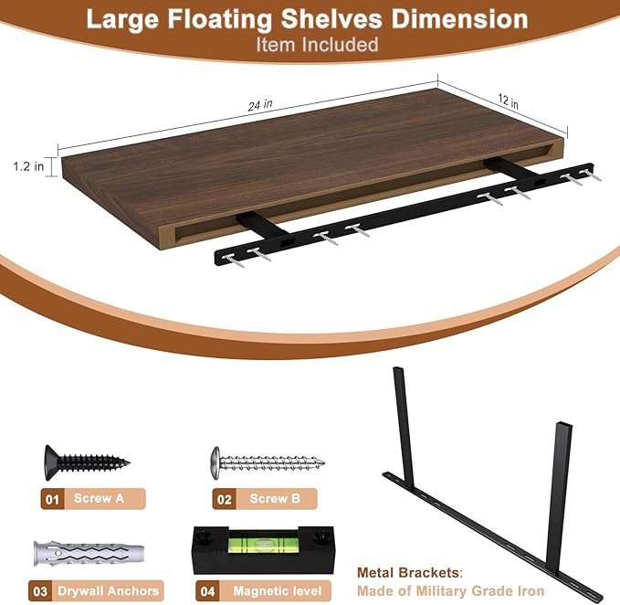12 Inch Deep Floating Shelves for Wall 2 Pack Floating Shelves Large Storage Space Wall Mount Shelf for Living Room Kitchen Bathroom 24" W x 12" D x 1.2" H Walnut