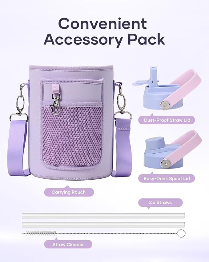 BUZIO 64oz Insulated Water Bottle, Half Gallon Water Jug Stainless Steel with Straw Lid and Carrying Pouch, Keep Cold 48h Lead-Free Double Wall Vacuum Thermo Metal Canteen for Gym Camping, Purple