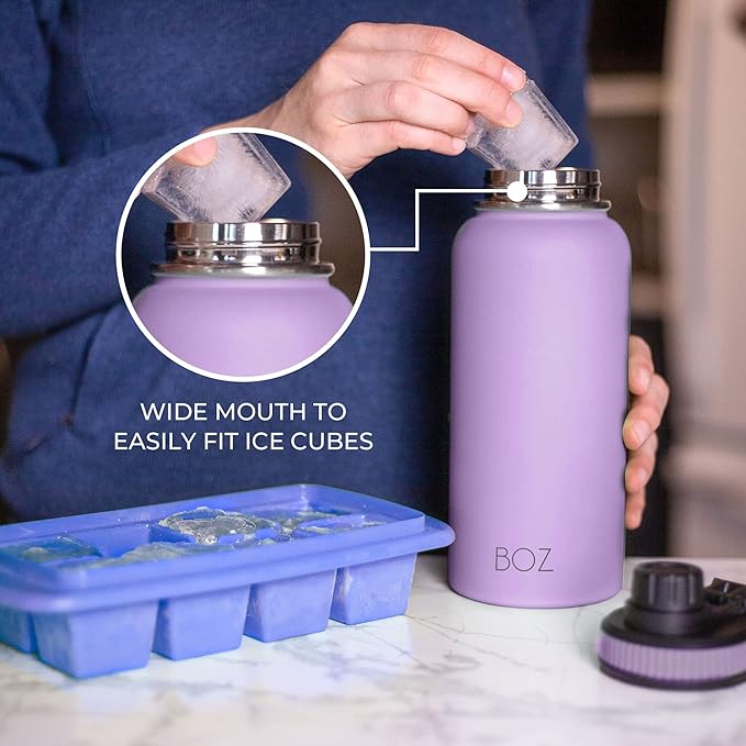 BOZ Stainless Steel Water Bottle - Vaccum Insulated Water Bottle 32 Oz - Wide Mouth BPA Free Sport Water Bottle for Gym with Spout Lid - Thermal Hot & Cold 1 Litre Lavender Water Bottle