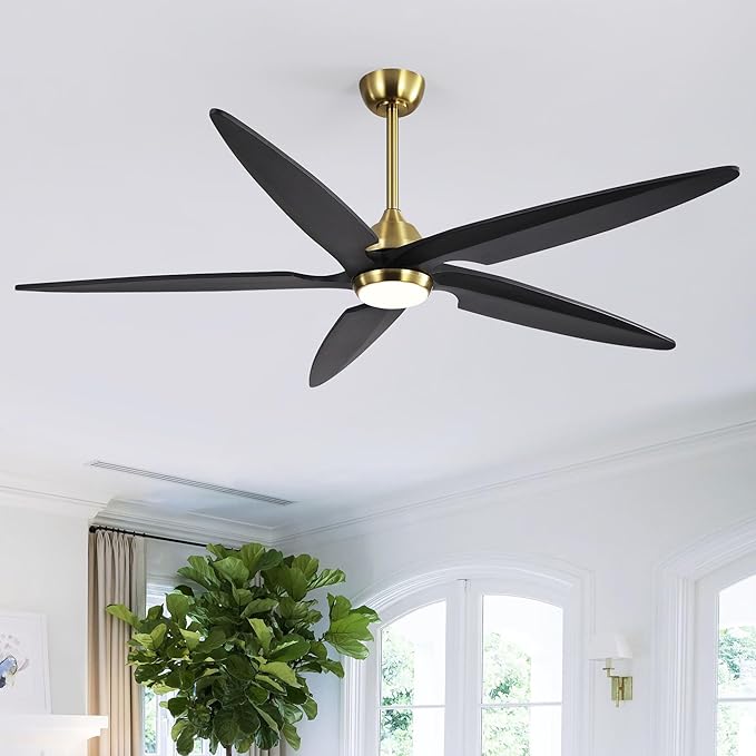54 Inch Modern Ceiling Fan with Lights and Remote, 5 Wood Blades, 6-Speed Noiseless Reversible DC Motor with Replaceable Downrods for Bedroom Living Room Dining Room, Gold and Black.