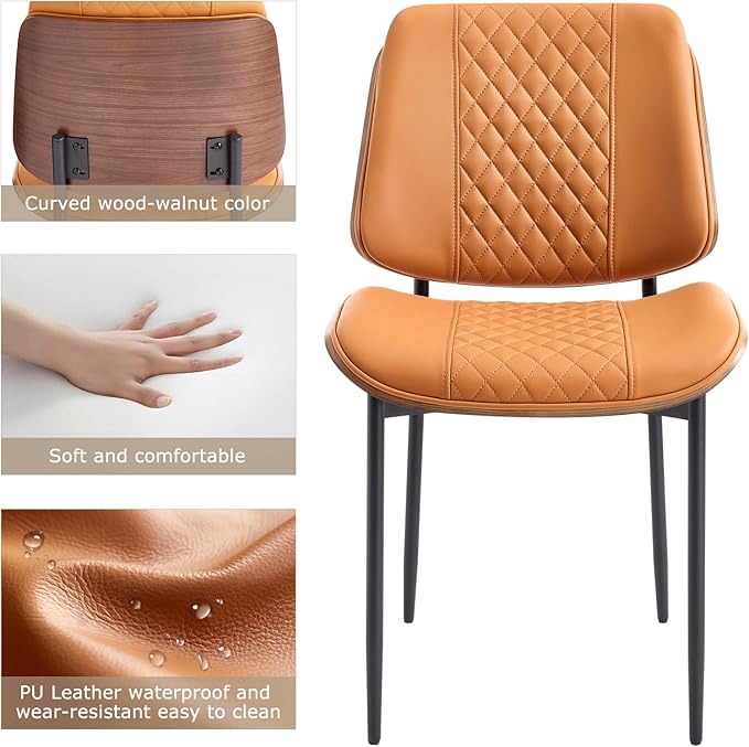 BV Dining Chairs Set of 2, PU Leather Armless Kitchen Chair in Modern Walnut Style, Mid Century Bentwood Side Chair with Metal Legs, Retro Accent Guest Chair for Kitchen Dining Room(Brown)