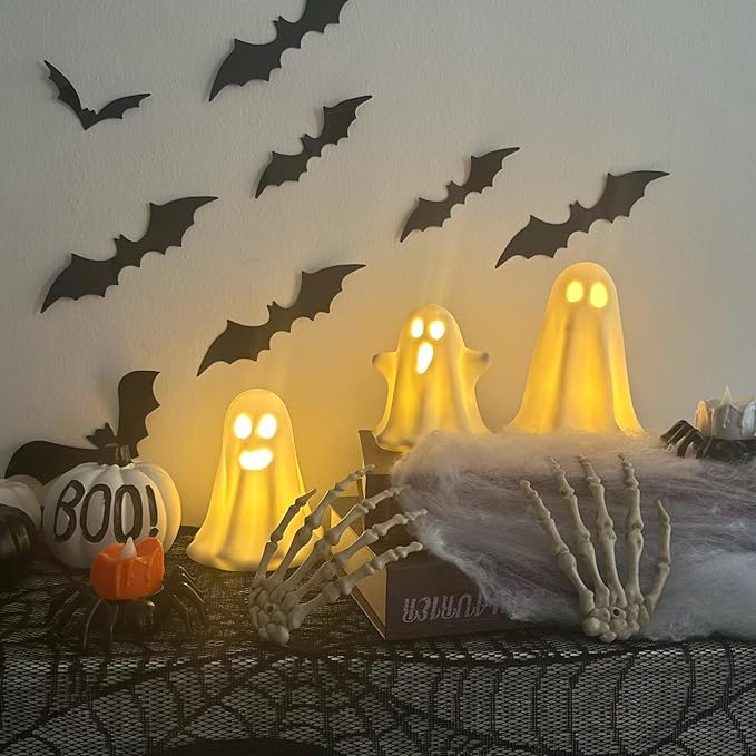 3 Pack Halloween Ceramic Ghost Decor, Light Up Ghost Halloween Decor, Cute Ghost Figurines for Table Tray Fireplace Home Indoor Decoration