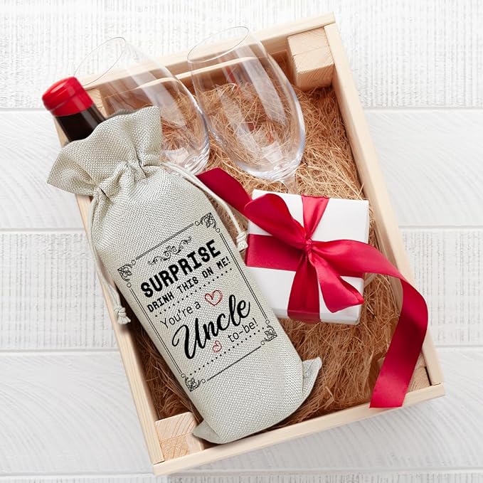 Baby Announcement Wine Bag, New Uncle To Be Birthday Gifts for Men Uncle Brother Friends, Party Favor Wine Champagne Gift Bag With Drawstring -09