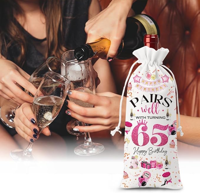 65th Birthday Gifts for Women Men Wine Bag, 65 Year Old Birthday Gifts for Women, 65th Birthday Party Decorations for Women Men, Pairs Well with Turning 65 Wine Bags (White Pink)