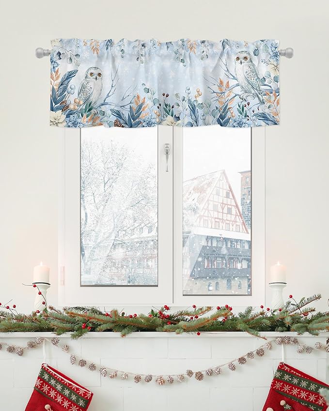 Blue Christmas Valance Curtains for Kitchen Windows Winter Snowy Owl Poinsettia Eucalyptus Leaves Rod Pocket Window Treatment Toppers for Kitchen/Living Room/Bedroom/Bathroom, 60" X 18",