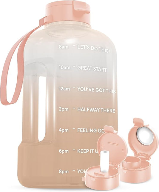AQUAFIT 1 Gallon Water Bottle with Time Marker - BPA Free 128 oz Water Bottle with Straw, Gym Water Bottle with Handle, 1 Gallon Water Jug, Big Water Bottle, Large Water Bottle (Nude)