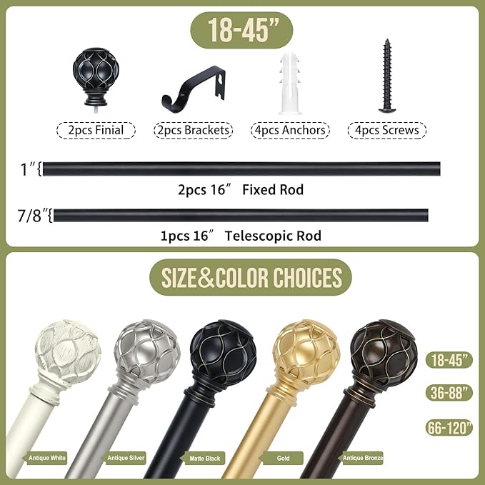 Black Adjustable Curtain Rods for Windows:18-45" Farmhouse Heavy Duty Curtain Rod for Bedroom Living Room,Boho Decorative Rustic Drapery Rods with Vintage Coastal Texture Finial,Matte Black