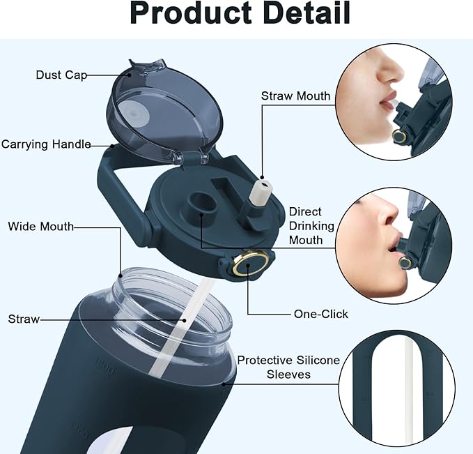 64 Oz Glass Water Bottle with Straw and Lid, Sports Motivational Water Bottle, Leakproof Water Jug Fitness with Silicone Sleeve for Gym, Blue