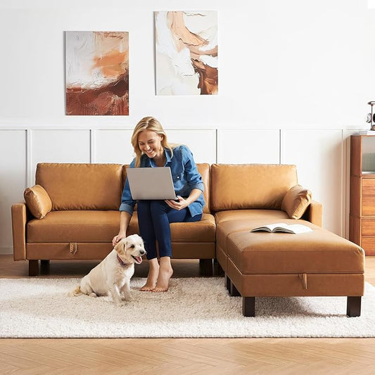 5 Seater Faux Leather Sofa Couch, 98'' L Shape Sectional Couch, Mid Century Modern Decor, Office Sectional Sofa Bed, for House, Apartment, Living Room, Tan