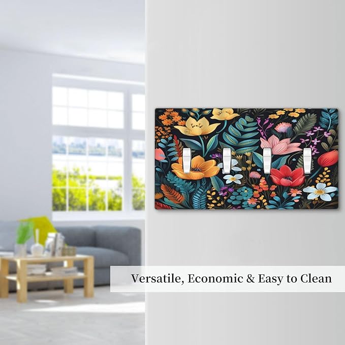 Boho Floral Vintage Flower Leaves Rustic Wildflower Plants Quad Toggle Light Switch Covers 4 Gang Wall Plate Decorative Switchplate Electrical Faceplate for Country Bathroom Bedroom Kitchen Decor