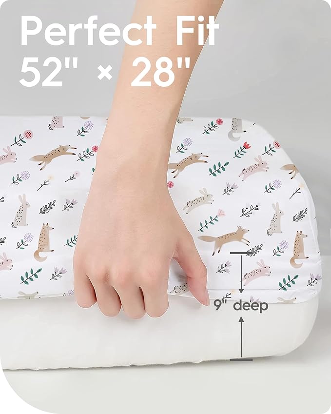 Boy Crib Sheets, TotBasic Premium Soft Crib Mattress Sheet Fitted, Ultra Breathable Crib Fitted Sheet, Super Stretchy Baby Bed Sheets 28''x52''x9'' Extra Deep Pocket (Woodland Deer & Rabbit Fox)
