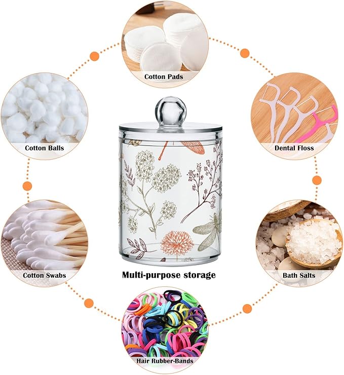 2 Pack Qtip Holder Organizer Dispenser Dragonfly Pattern Bathroom Storage Canister Cotton Ball Holder Container for Cotton Swabs/Pads/Floss