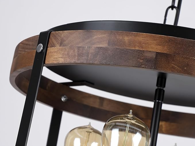 4-Light Large Rustic Farmhouse Plug in Pendant Light Fixture with Adjustable Chain, Dimmable Switch, 16.5 inch Oak Wood Drum Hanging Lamp for Dining Room Living Room Farmhouse Entry, Black