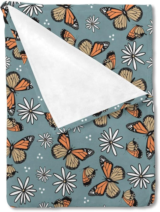 Butterfly Daisy Flower Baby Blanket for Girls Gift, Blue Yellow Floral Flannel Fleece Nursery Bed Receiving Blankets, Soft Warm Lightweight Newborn Infant Toddler Kids Crib Bedding 60 x 80