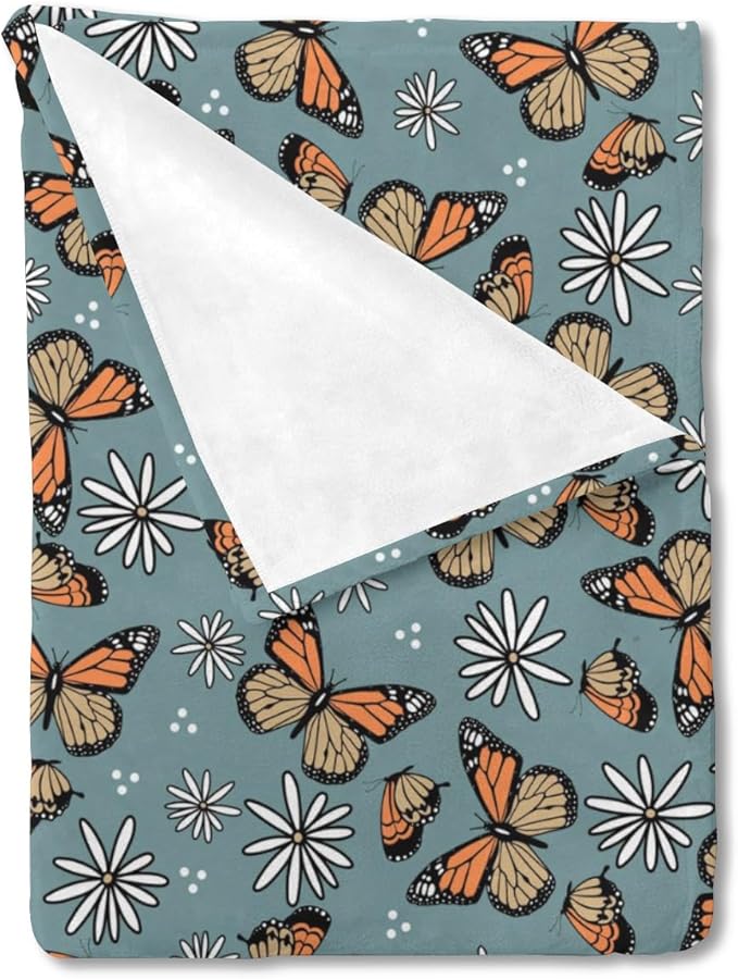 Butterfly Daisy Flower Baby Blanket for Girls Gift, Blue Yellow Floral Flannel Fleece Nursery Bed Receiving Blankets, Soft Warm Lightweight Newborn Infant Toddler Kids Crib Bedding 40 x 50
