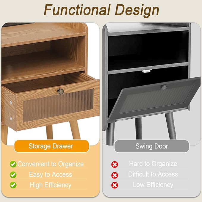 AWASEN Mid Century Nightstand with Charging Station, Modern Bedside Table with Glass Decorative Drawer, Small End Side Table with 2 Tiers Storage for Bedroom, Office and Small Space(Brown)