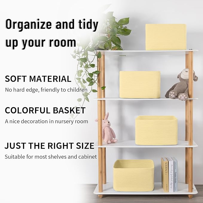4 Pack Storage Baskets for Organizing Toys, Towels, and Clothes, Woven Basket for Shelves, Durable Nursery Cube Bins for Storage, 13''L x9''W x7.8''H, Yellow