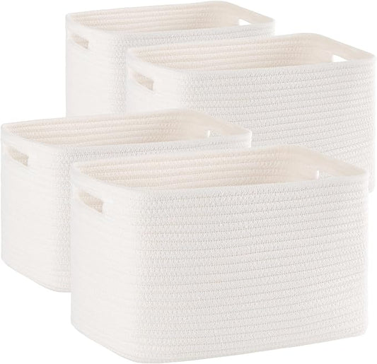 4 Pack Storage Baskets for Organizing Toys, Towels, and Clothes, Woven Basket for Shelves, Sturdy Nursery Cube Bins for Storage, 13''L x9''W x7.8''H, White