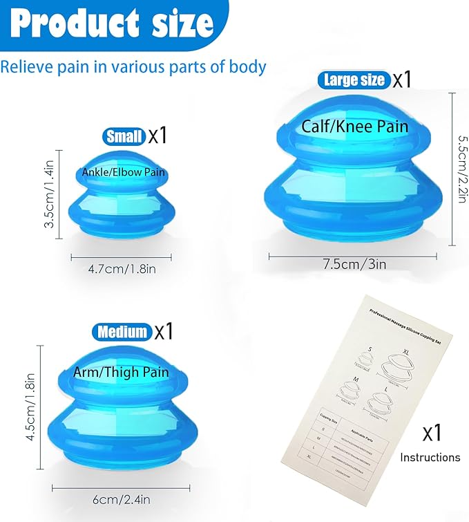 3Pcs Cupping Therapy Set-Professional Silicone Cupping, Suitable for Facial Body Massage/Deep Myofascial Release/Pain Relief/Muscle Relaxation & More (Blue,3pcs)