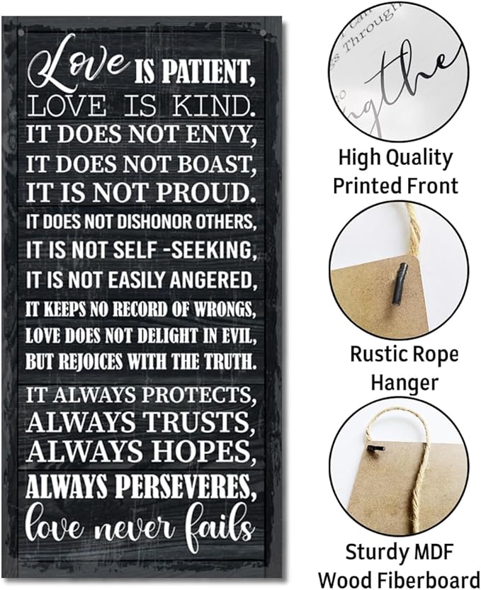 1 Corinthians 13:4-8 Inspirational Hanging Wood Decor Sign, Printed Wood Sign, Love is Patient, Love is Kind Quote, Hanging Bible Verses Woods Wall Signs, Rustic Home Decor Signs, Christian Gift A1