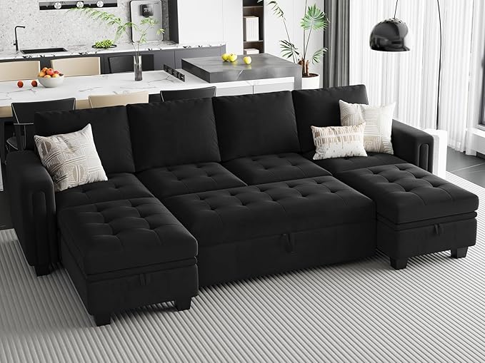 Belffin Modular Sectional Sleeper Sofa with Pull Out Bed Velvet Convertible U Shaped Sectional Sofa Couch with Storage Chaises for Living Room Black