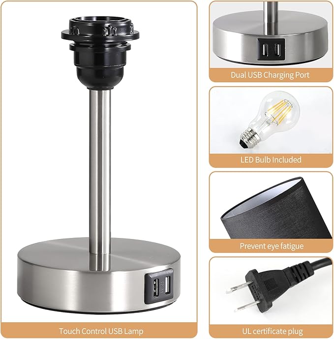 Bedside Lamp with USB Port - Touch Control Table Lamp for Bedroom Wood 3 Way Dimmable Nightstand Lamp with Round Black Shade for Living Room, Dorm, Home Office (LED Bulb Included) (Blacl2)