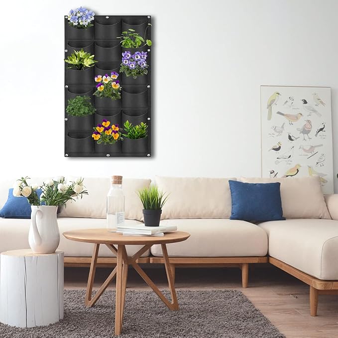 18 Pockets Hanging Planter Bags, Hanging Vertical Wall Mounted Plant Planting Grow Bags, Herb Garden Planter Outdoor Indoor Growing Bag, Gardening Vertical Greening Flower Container(1m×0.5m, Black)