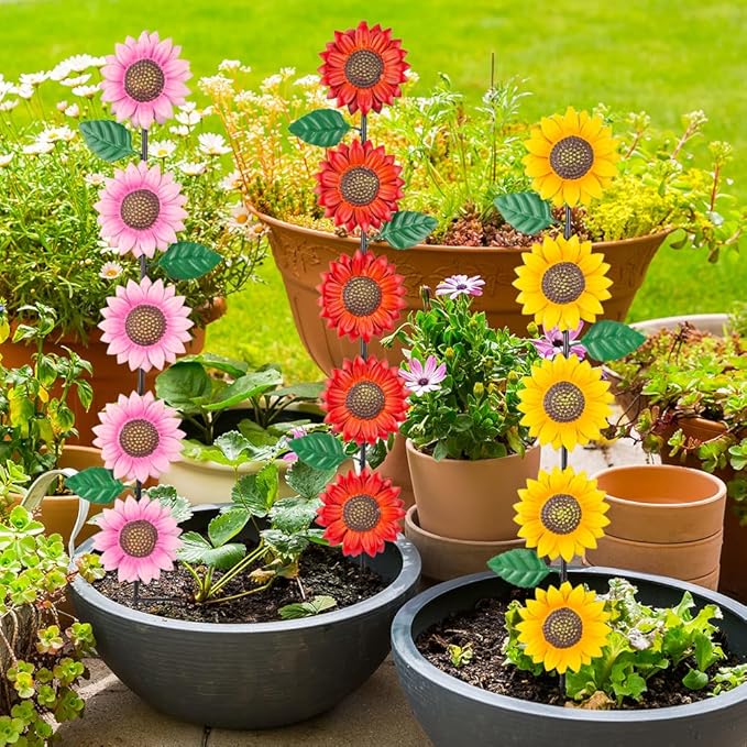 3 Pack Sunflowers Garden Stakes Decor,Metal Yard Art Decorative Garden Stakes,Metal Flowers Spring Garden Decor for Outside,Landscape,Patio(22.6 * 4.7IN)