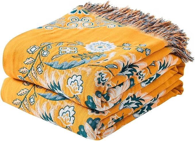 Boho Throw Blanket, 100% Cotton Ultra Soft Luxury Throw Rustic Quilt, Floral Printed Farmhouse Decor Bed Summer Blankets, All Season Rustic Reversible Bohemian Throw for Bed (60"x80" Yellow