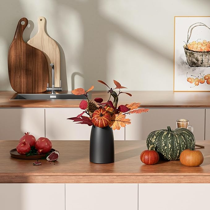 Autumn Artificial Potted Plant Decorations, Maple Leaves, Pinecones, Pumpkins with Black Ceramic Vase for Home,Thankgiving Table Decoration