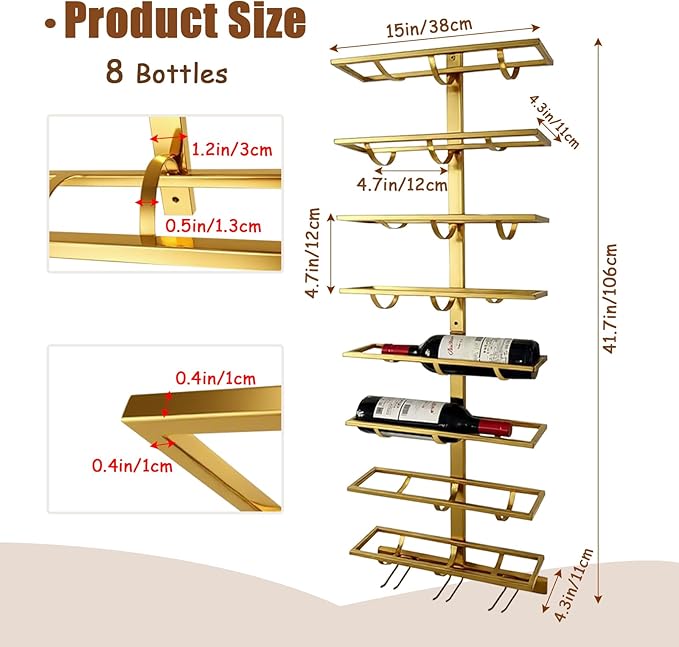 16 Bottle Wall Mount Wine Rack with Wine Glass Holder, Metal Wine Wall Rack, Wall Racks for Wine Bottles Display and Storage, Hanging Bottle Organizer for Living Dining Room Wine Cellar Bar (Gold)