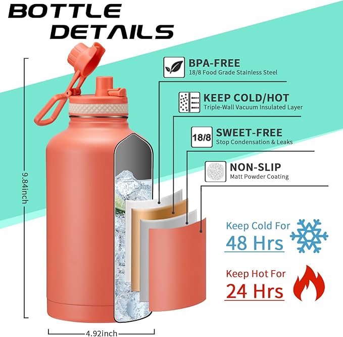 64oz Insulated Water-Bottle with Strap - Half Gallon Water Jug with Straw & Spout Lid, 2 Liter Stainless Steel Water Bottle Leak Proof, Cold-48h Hot-24h Metal Flask w/ Paracord Handle, Carrier Case