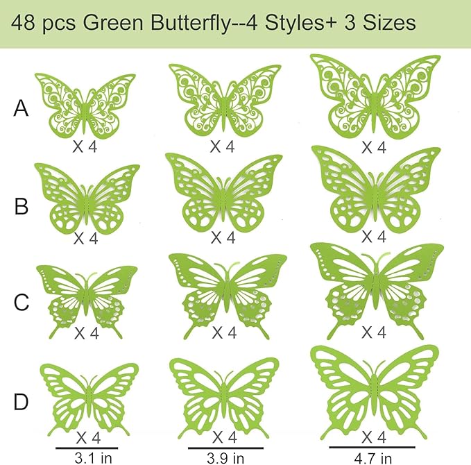 48Pcs 3D Butterfly Wall Decor 3 Sizes 3 Styles, Butterfly Decorations Party Birthday Cake Decoration, Removable Butterfly Wall Stickers for Kids Nursery Wedding Bedroom Room Decor (Green)