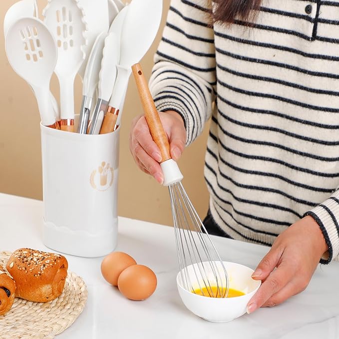 13-Piece silicone utensil set wood handle nonstick cookware safe dishwasher safe kitchen tools BPA free heat resistant (450°F/230°C) ceramic pan safe cooking gifts housewarming (White)