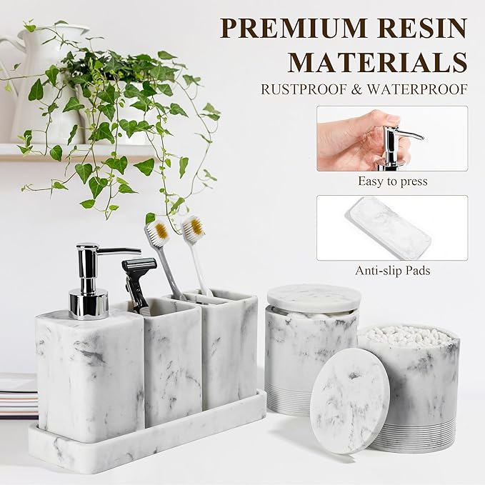 Bathroom Accessories Set, 6 Piece Bathroom Set with Toothbrush Holders, Soap Dispenser, Vanity Tray, Tumbler, Cotton Swab Jars, Bathroom Organizer，Bathroom Sink Sets, Artificial Marble White