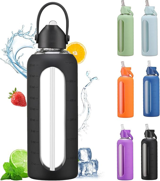 20 oz Glass Water Bottles with Straw Borosilicate Glass Water Bottle with Time Marker Motivational Water Bottles with Silicone Sleeve Leak Proof Reusable BPA Free