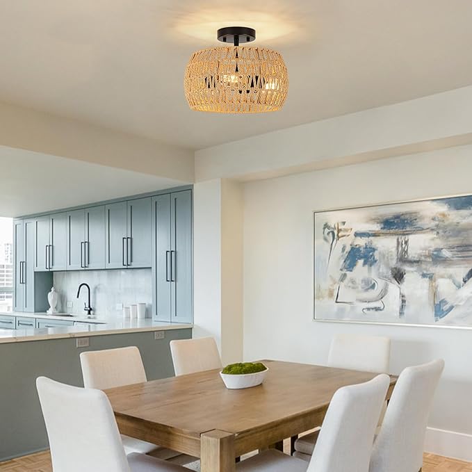 Boho Semi Flush Mount Ceiling Light - Rattan Light Fixture with Hand-Woven Shade, 3 Light Farmhouse Chandelier Coastal Wicker Light Fixtures for Kitchen Bedroom Foyer Nursery Entryway