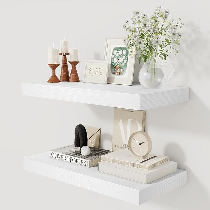 12 Inch Deep White Floating Shelves, 24 x 12 Floating Shelf for Books, Rustic Wood Deep Wall Shelves for Home Storage & Display, 2" Thicked Shelves for Kitchen, Living Room, Bedroom, 2 Pack