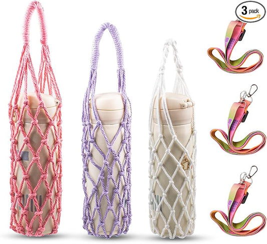 3 Pcs Macrame Water Bottle Carrier, Cotton Water Bottle Bag Crochet Bottle Bag with 3 Colorful Adjustable Shoulder Strap Boho Bottle Sling Bag Wine Bottle Carrier for Gym Hiking Camping Cycling