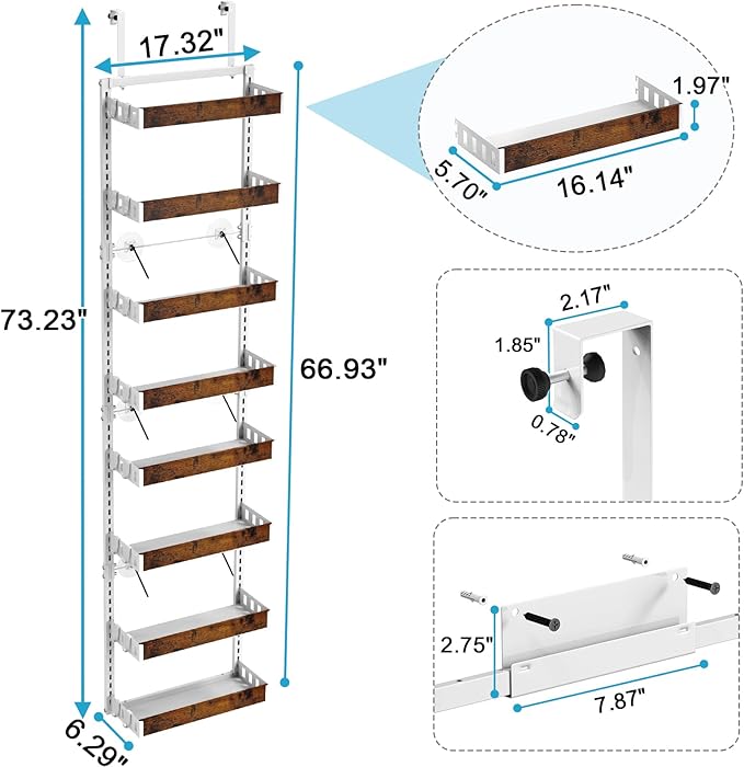 bukfen Over the Door Pantry Organizer, 8-Tier Adjustable Wooden Basket Kitchen Pantry Door Organization and Storage, 2 in 1 Wall Mount or Hanging Heavy-Duty Metal Hanging Kitchen Spice Rack,White