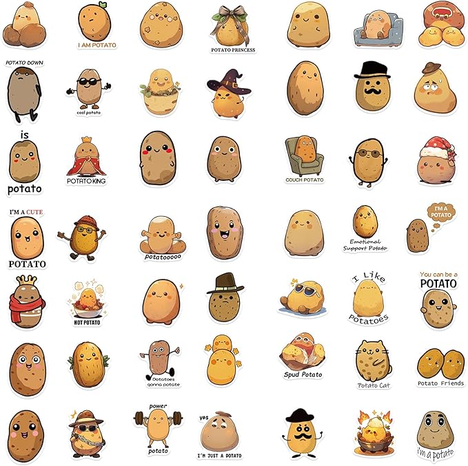 50PCS Funny Stickers Potato Stickers Cute Cartoon Vinyl Waterproof Stickers for Laptop,Bumper,Skateboard,Water Bottles,Computer,Phone, for Kids,Teens,Adult, Watcr