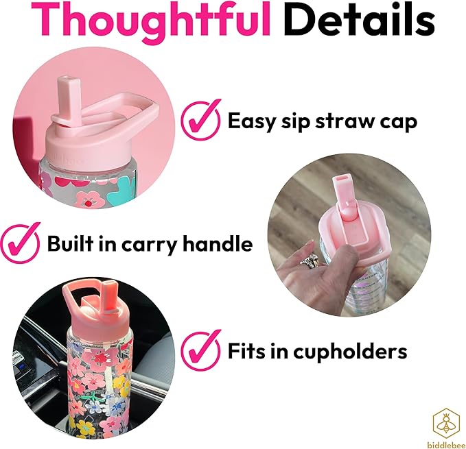 Biddlebee 32oz. Hydration Tracker Water Bottles with Times To Drink | Big Motivational Water Bottle with Time Marker, Straw Lid, & Measurements | BPA-Free