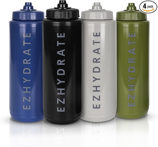 4 Pack Mix 32oz Squeeze Water Bottles - Sports Water Bottles For Football, Hockey, Athletics - Reusable Squirt Bottle Set, BPA-Free, Perfect for Gym, Travel, Bike & Cycling Water Bottle